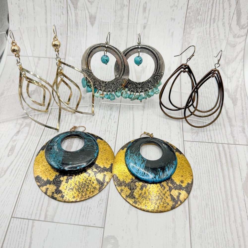 Boho Statement Earring Lot 4 Pairs Turquoise Gold Silver Bronze Tone Dangle Hoop